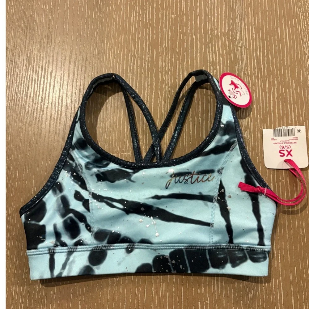 Girls XS 5/6 Justice Sports Bra Blue Tie‎ Dye Strappy Back Athletic NWT